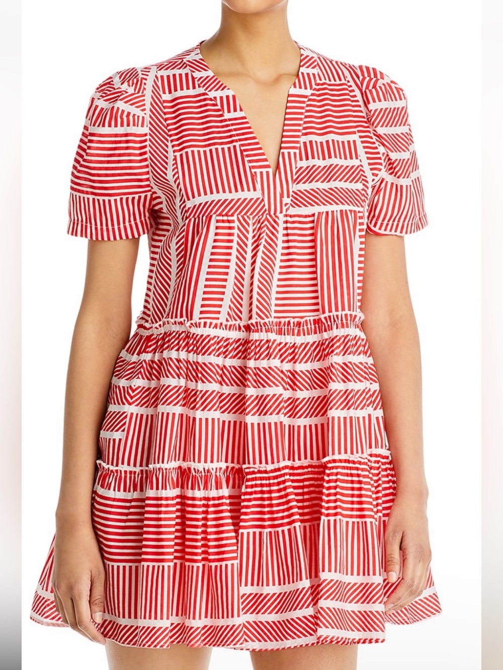 Aqua Puff Sleeve Red and White Striped Tiered V-Neck Mini Dress. Pre-Owned. - Picture 2 of 10